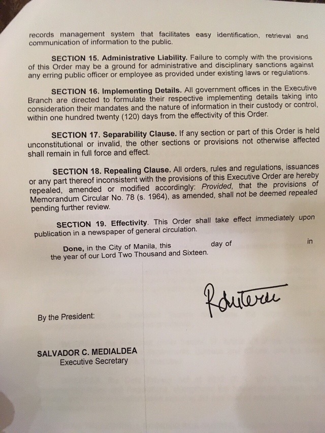 Duterte signs order on Freedom of Information