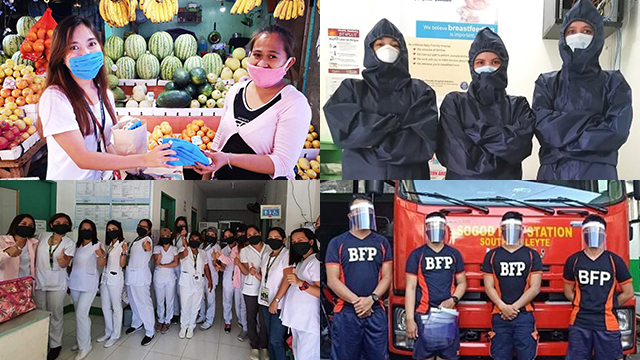 FOR THE COMMUNITY. Volunteer group Tabang PH provides alternative personal protective equipment sets to healthcare workers, vendors, and firemen in Leyte. Photos from Tabang PH.