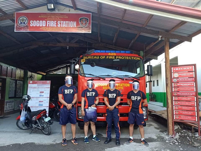 DONATION. Volunteers turn over face shields and masks to the Bureau of Fire Protection in Sogod, Southern Leyte. Photo from Tabang PH